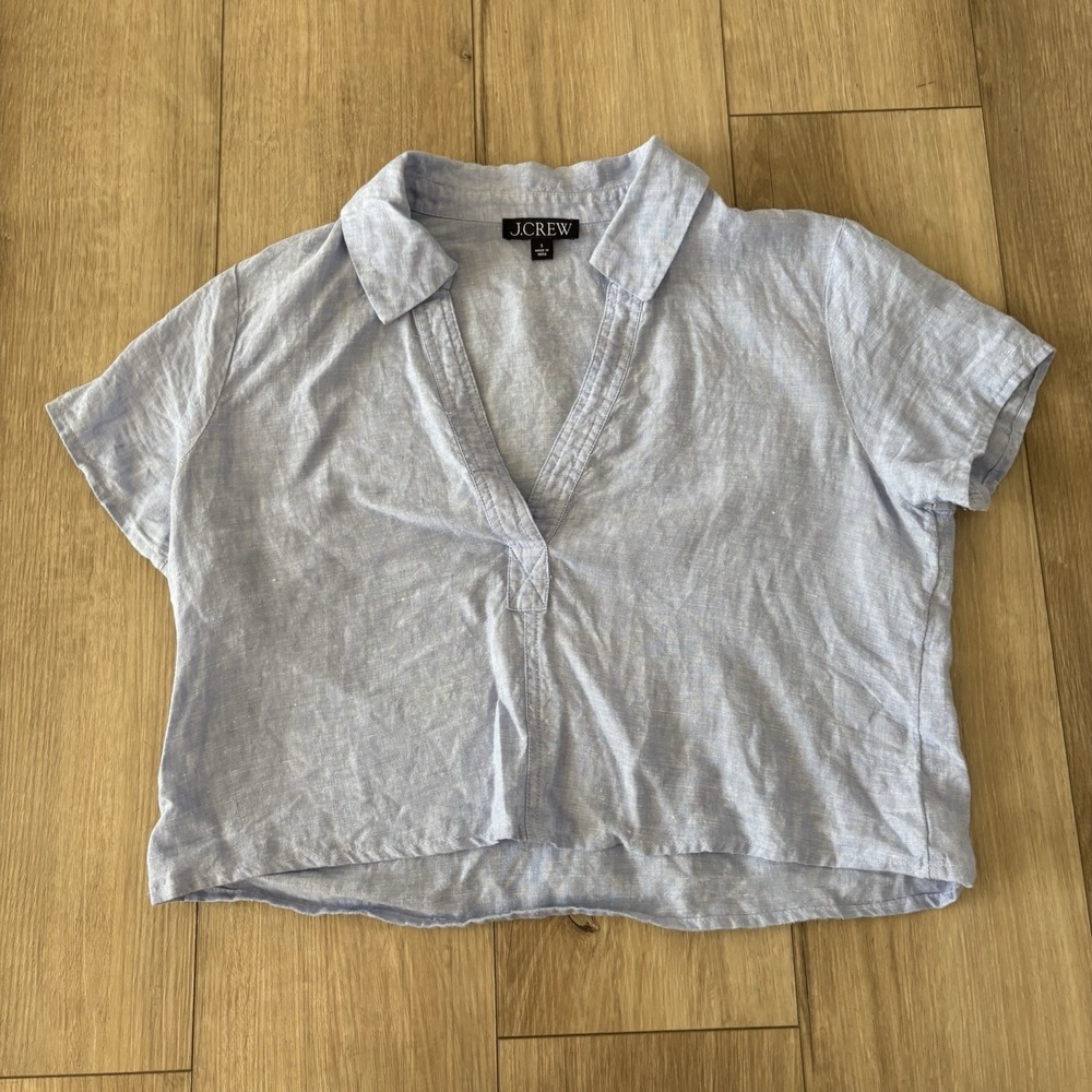 J.Crew Bungalow Popover Top Linen V Neck Minimalist Relaxed Light Blue Small S